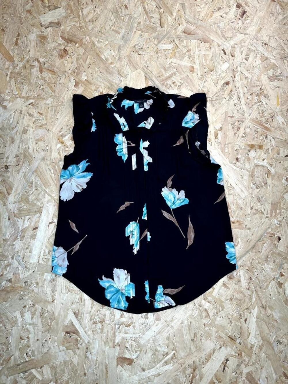 Ann Taylor Factory Floral Blouse Womens Small Black Blue Ruffle Sleeve Top